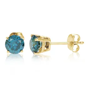 1 cttw Blue Diamond Stud Earrings 14k Yellow Gold Round Shape with Push Backs