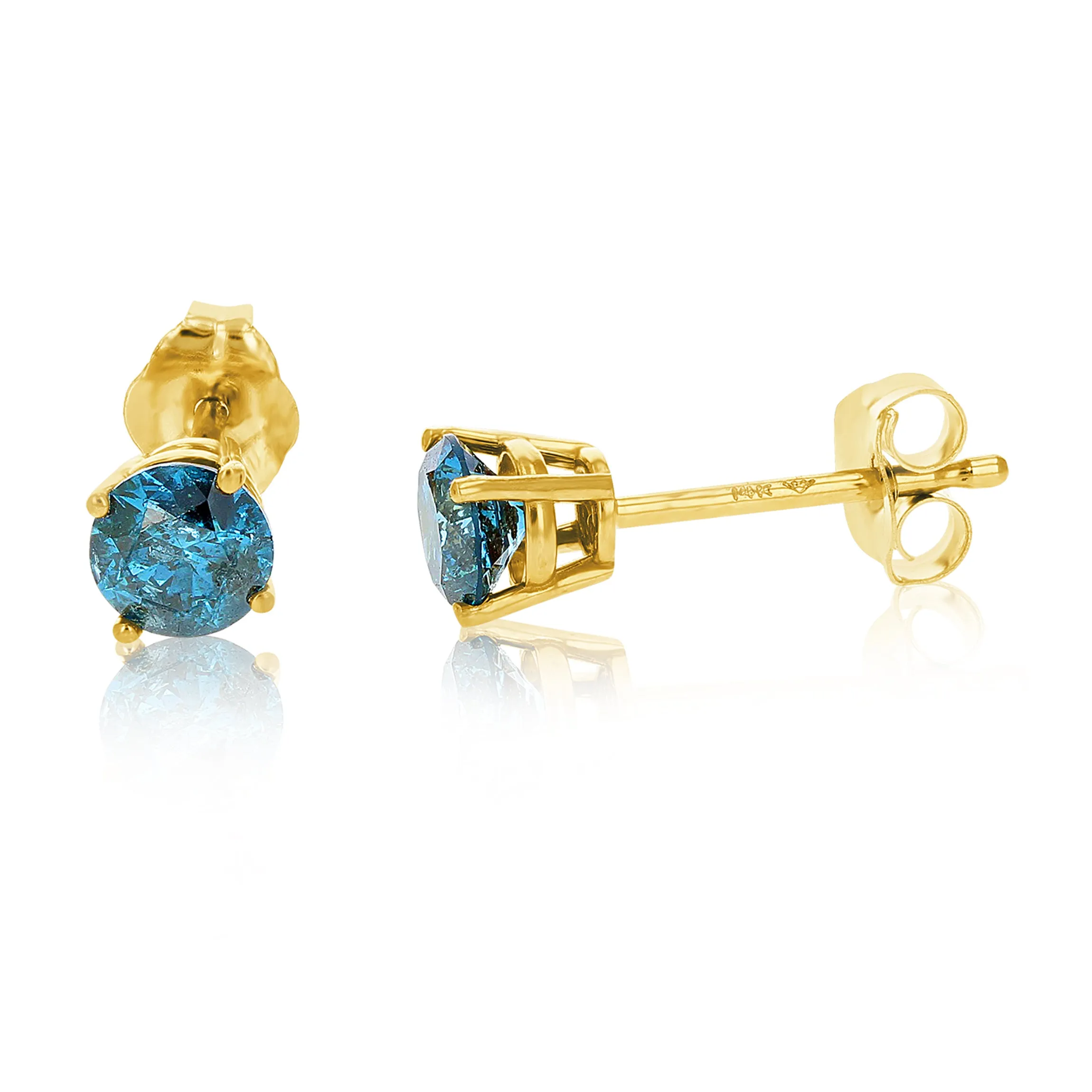 1 cttw Blue Diamond Stud Earrings 14k Yellow Gold Round Shape with Push Backs