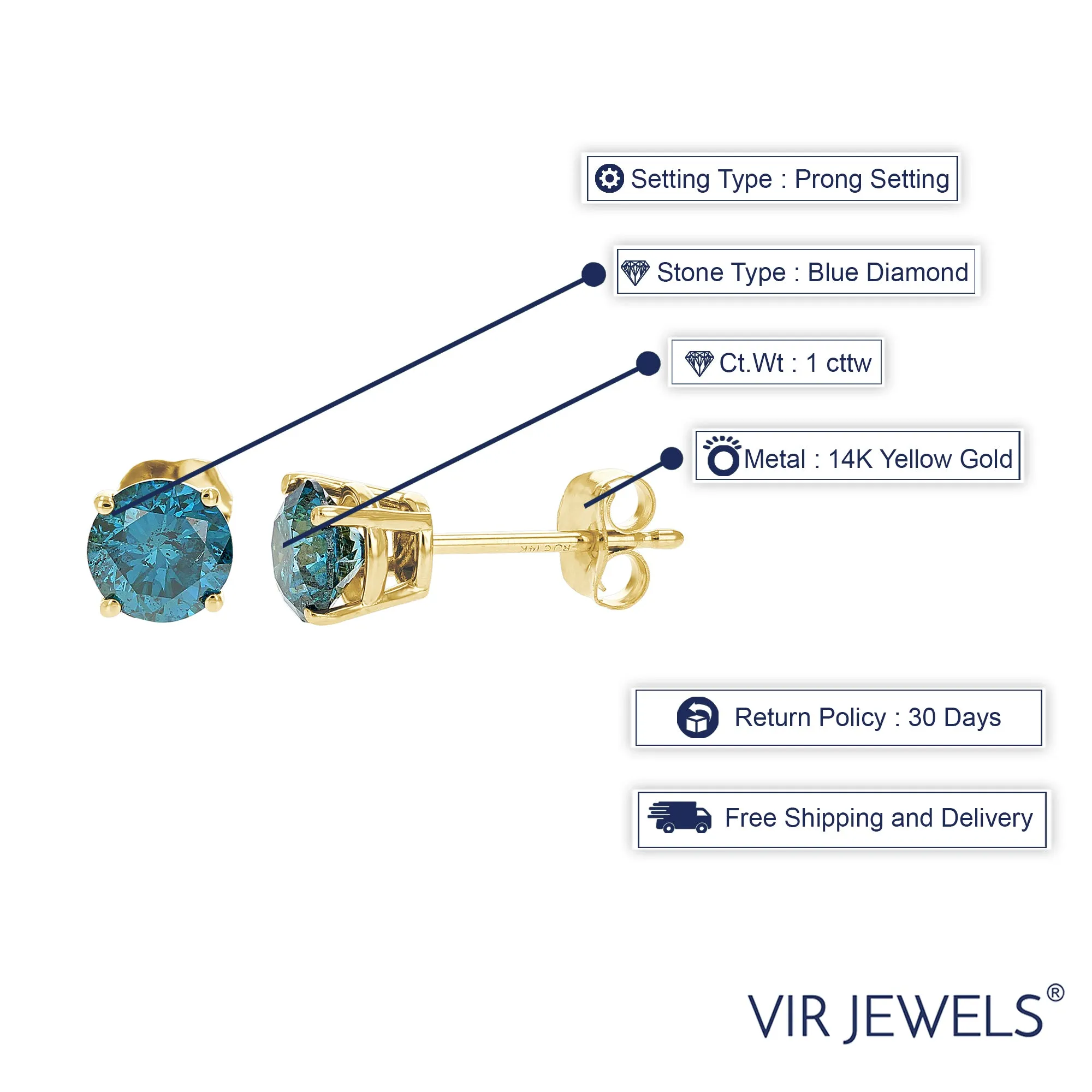1 cttw Blue Diamond Stud Earrings 14k Yellow Gold Round Shape with Push Backs