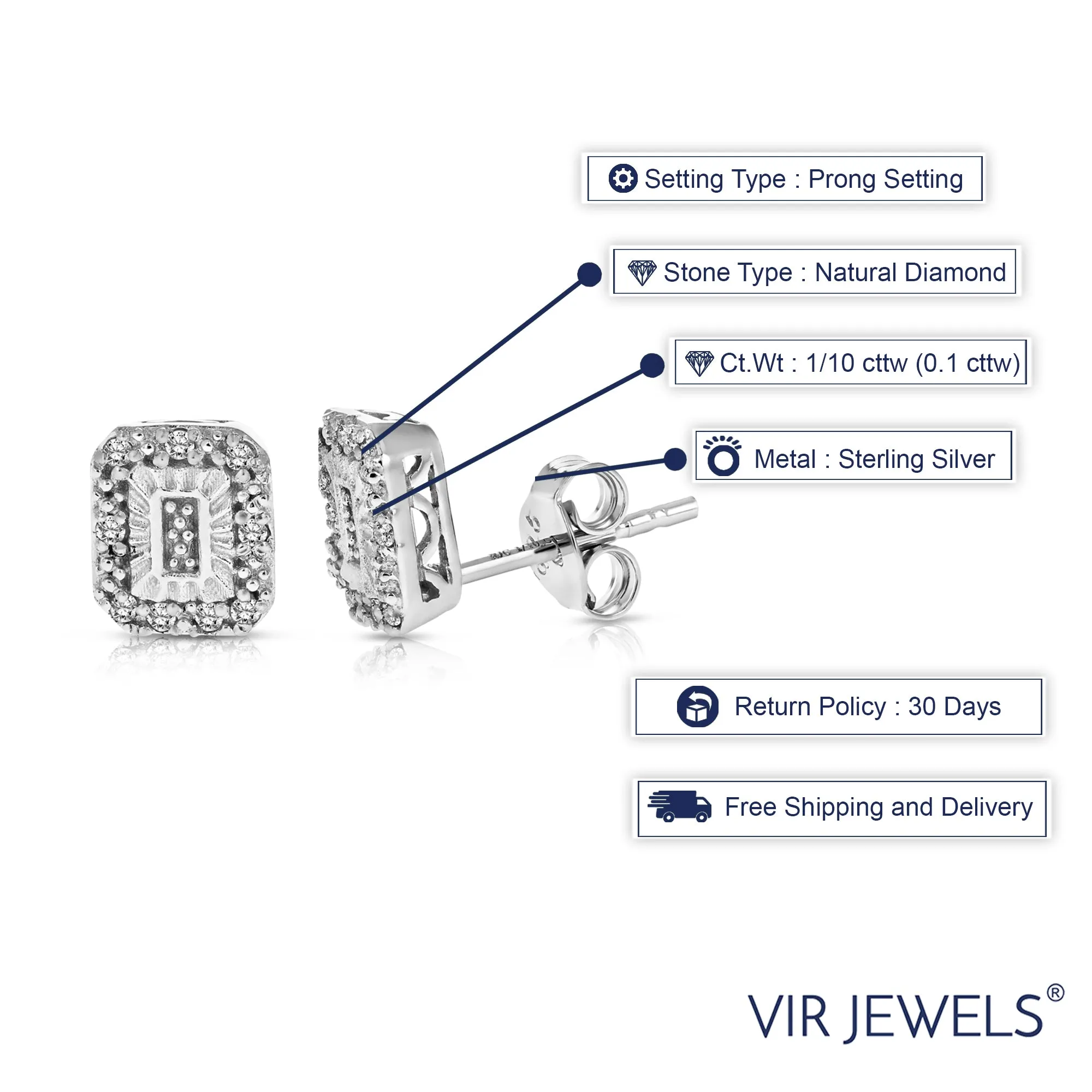 1/10 cttw Diamond Earrings in .925 Sterling Silver Push Backs Emerald Shape