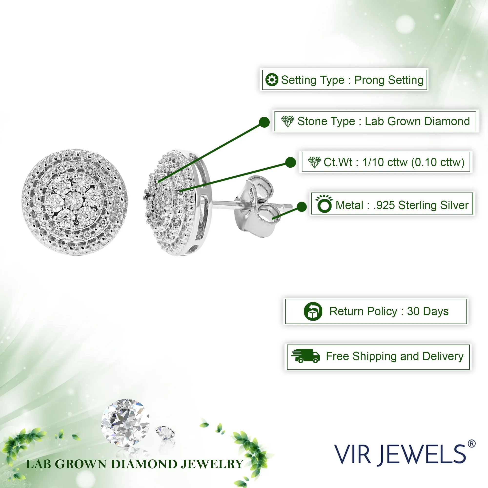 1/10 cttw Round Cut Lab Grown Diamond Prong Set Stud Earrings in .925 Sterling Silver with Push Back