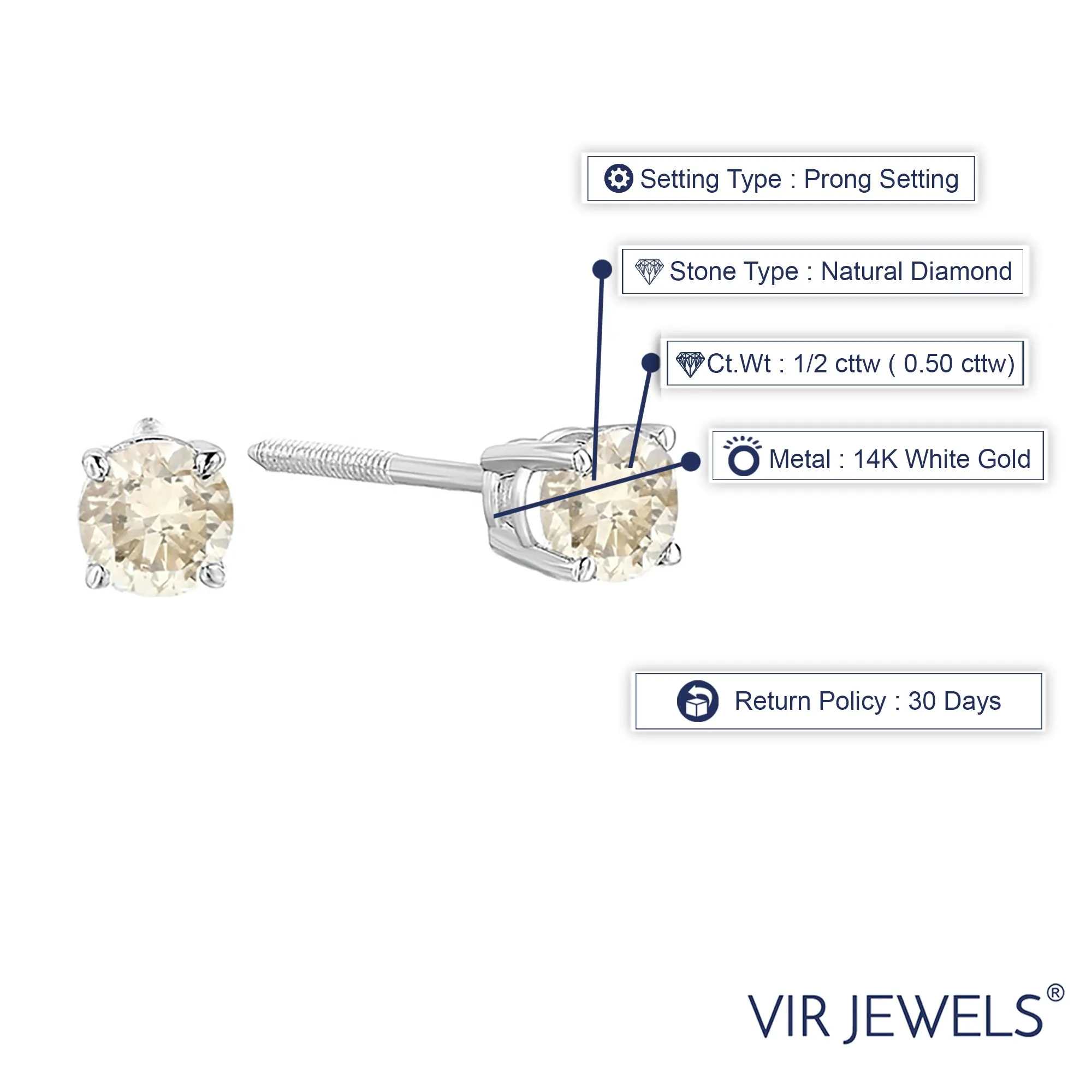 1/2 cttw Champagne Diamond Stud Earrings 14K White Gold Round with Screw Backs