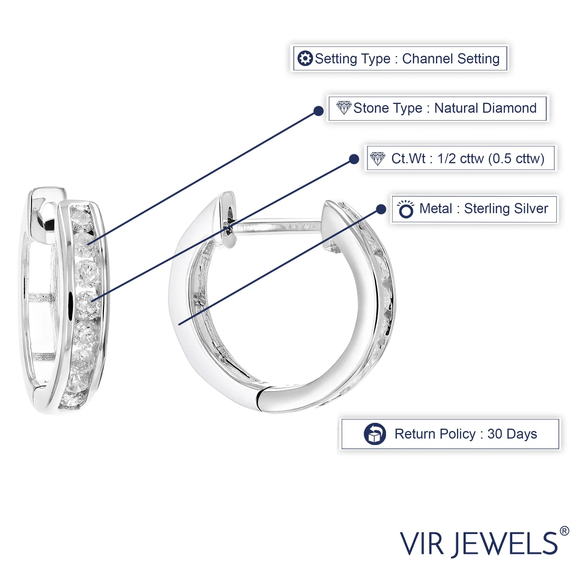 1/2 cttw Diamond Channel Hoop Earrings in Sterling Silver