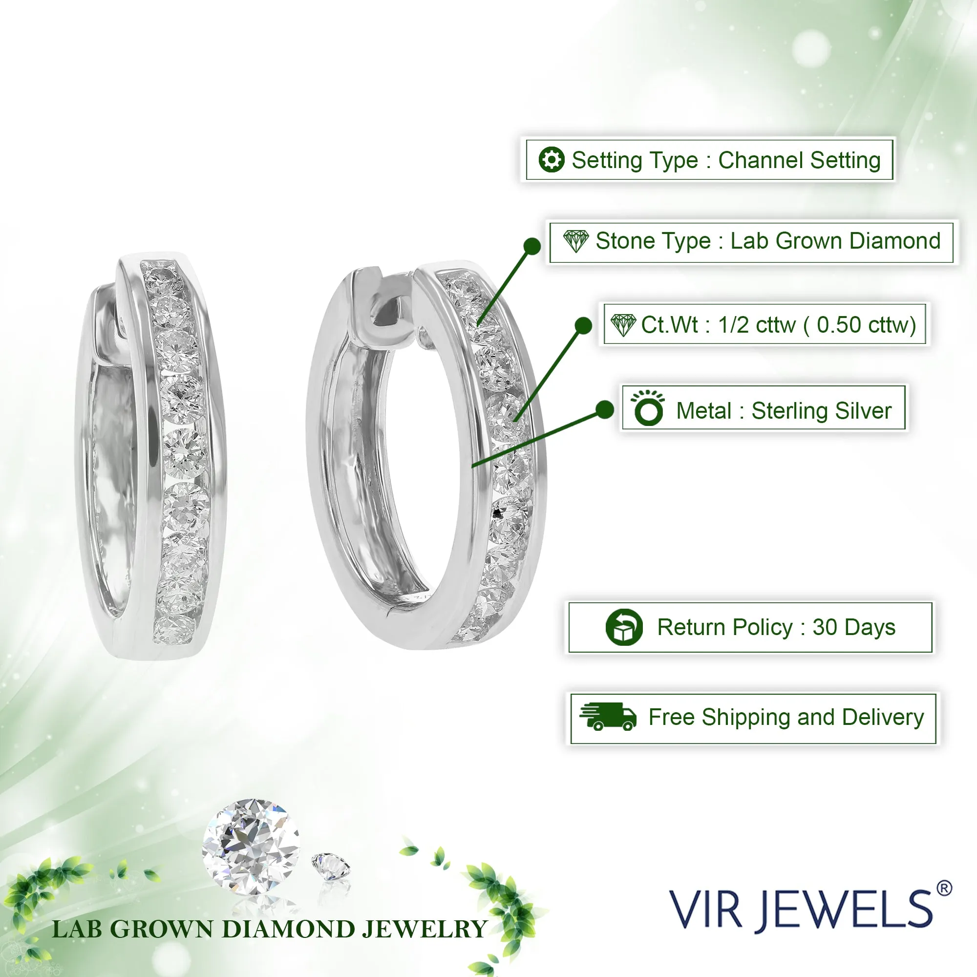 1/2 cttw Round Cut Lab Grown Diamond Hoop Earrings in .925 Sterling Silver Channel Set 1/2 Inch
