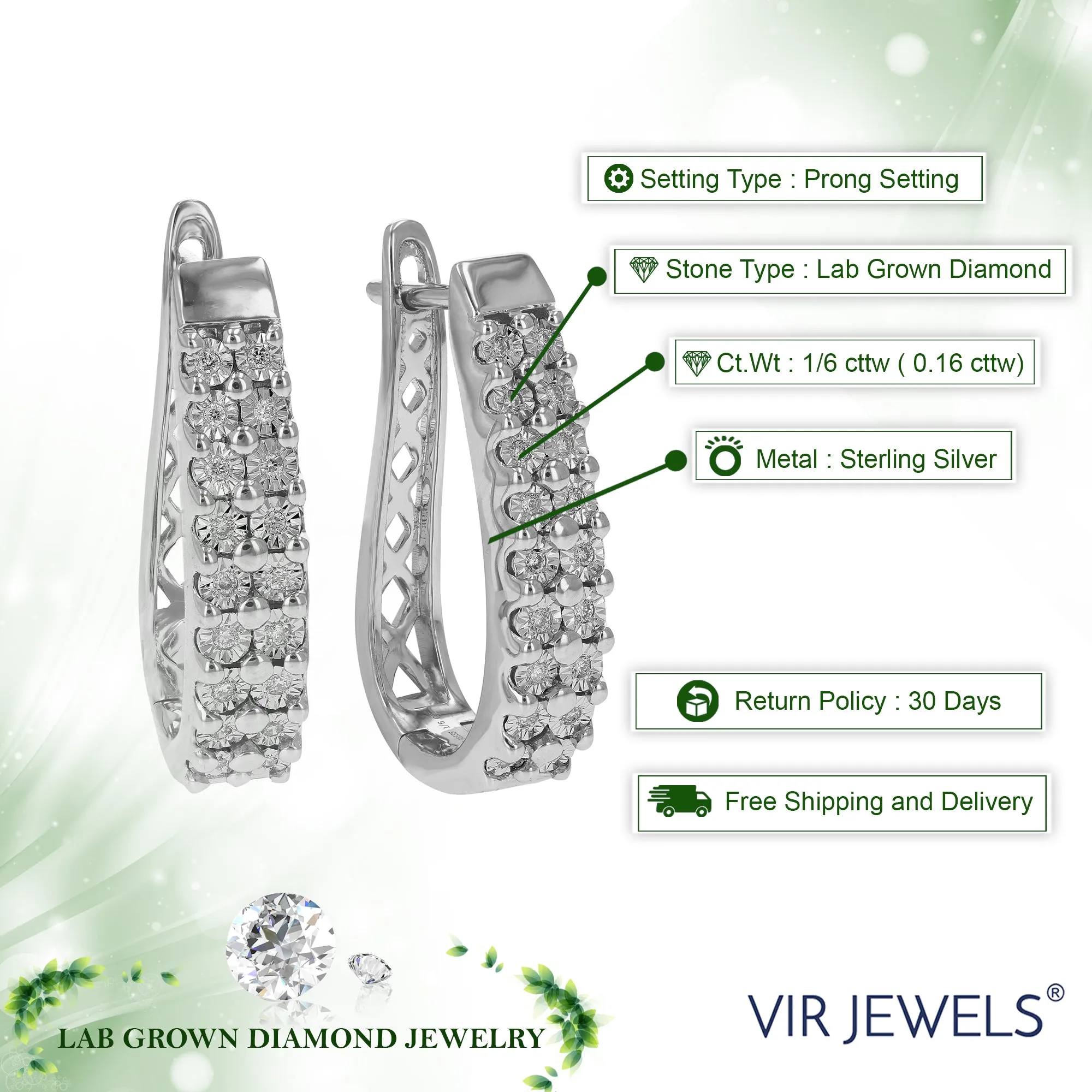 1/6 cttw Round Cut Lab Grown Diamond Hoop Earrings in .925 Sterling Silver Prong Set 3/4 Inch