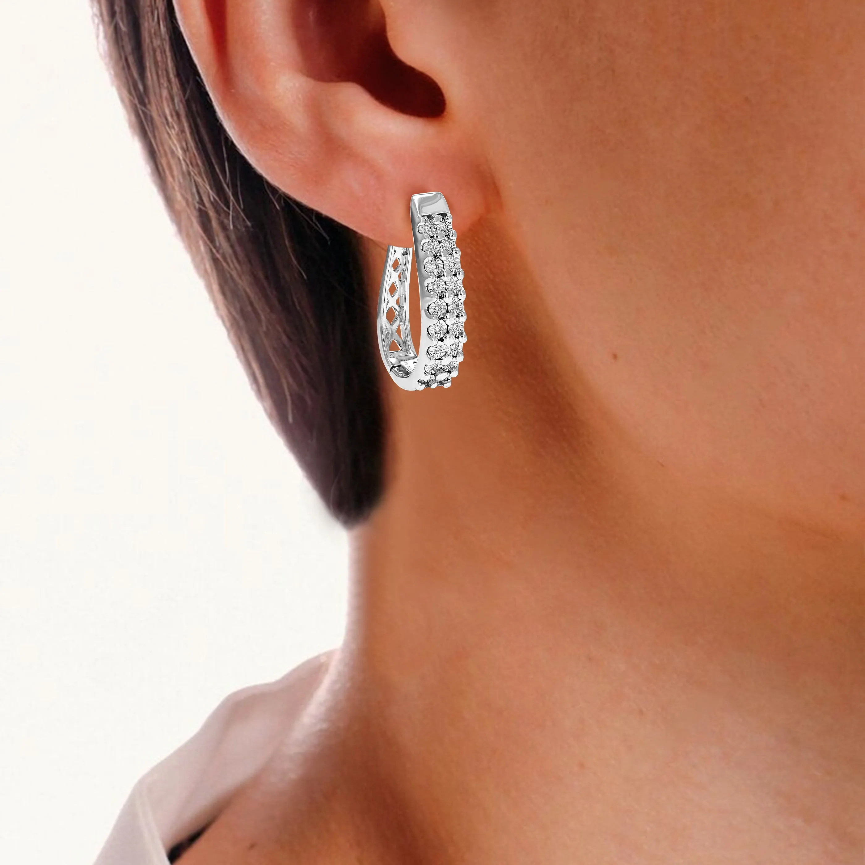 1/6 cttw Round Cut Lab Grown Diamond Hoop Earrings in .925 Sterling Silver Prong Set 3/4 Inch