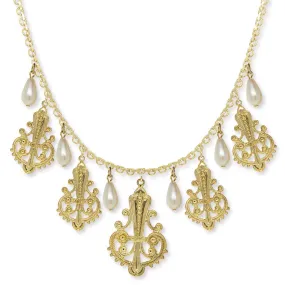 1928 Jewelry Royal Filigree Ornamental Drop Faux Pearl Necklace 16"   3" Extender