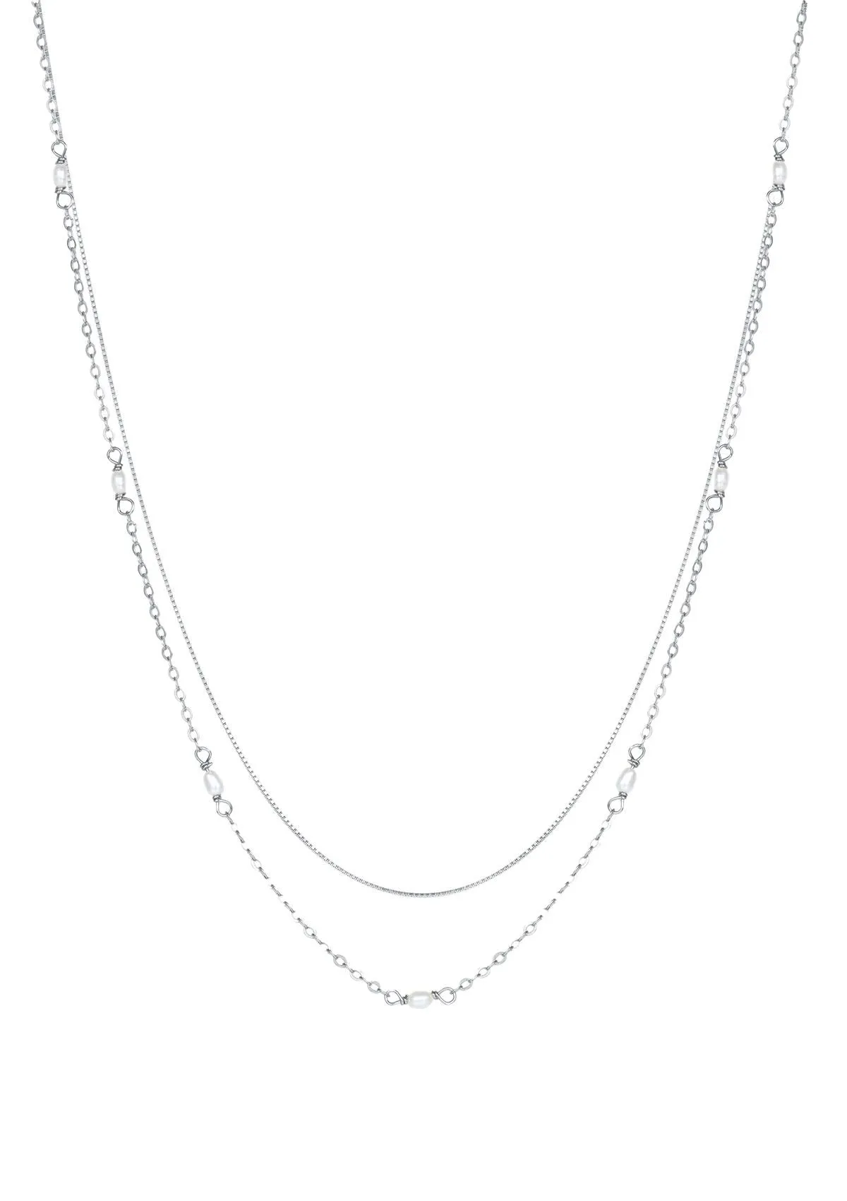 2 Layering Necklaces Set Pearls Sterling Silver Gold