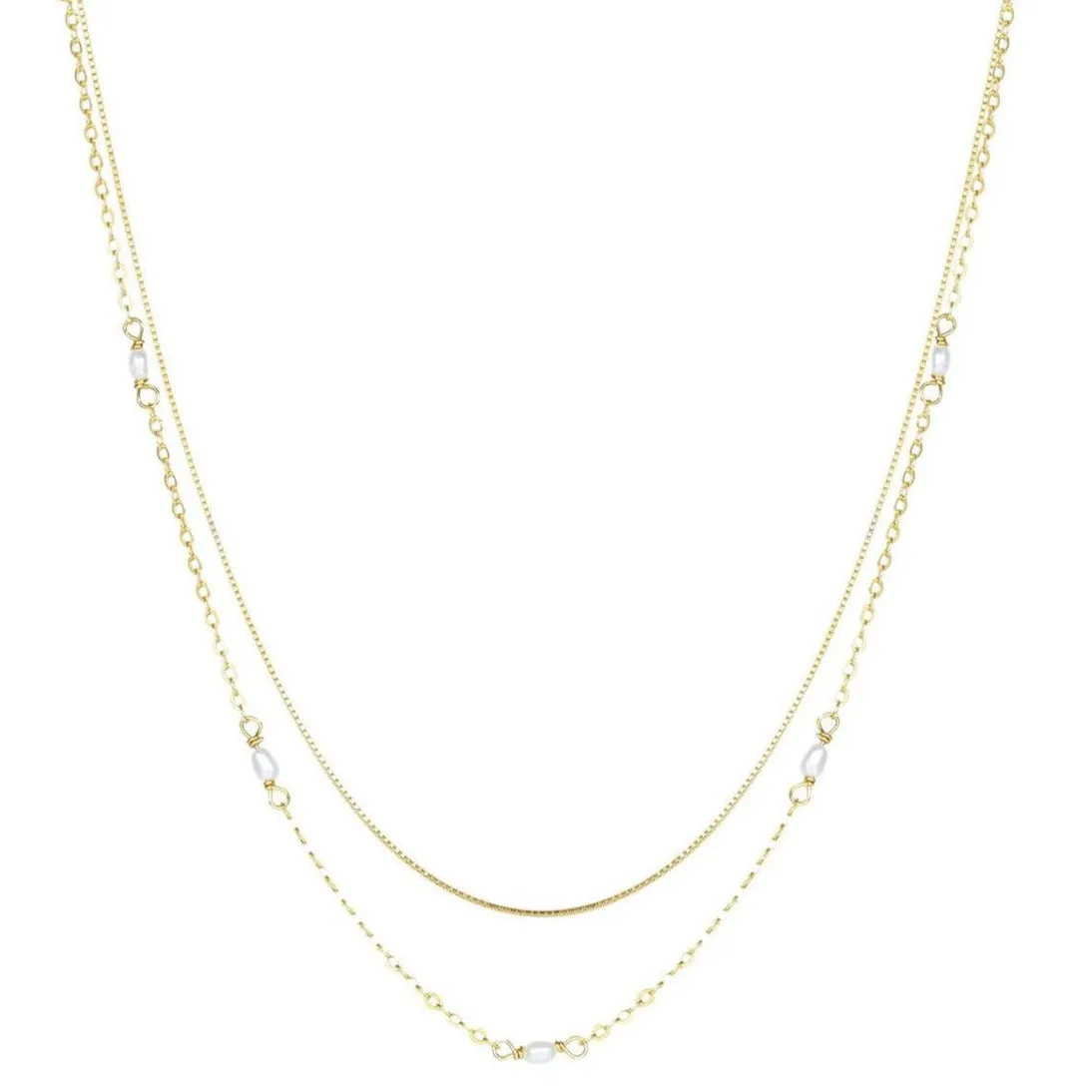 2 Layering Necklaces Set Pearls Sterling Silver Gold