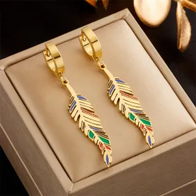 316L Stainless Steel Colour Feather Pendant Earrings For Women