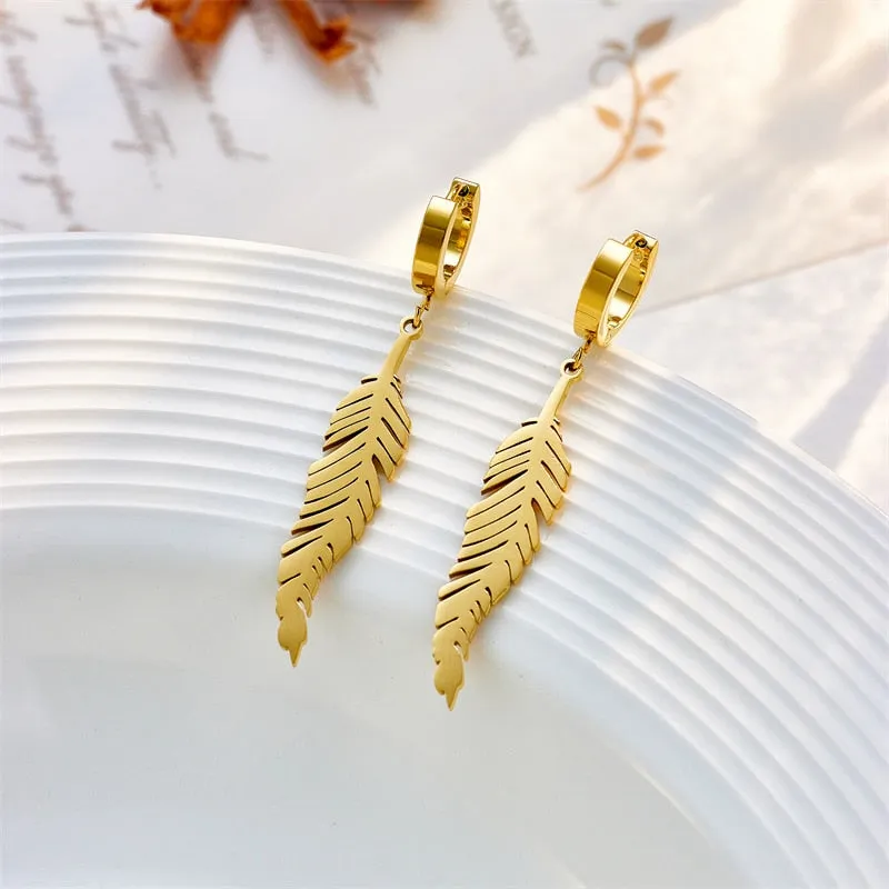316L Stainless Steel Colour Feather Pendant Earrings For Women
