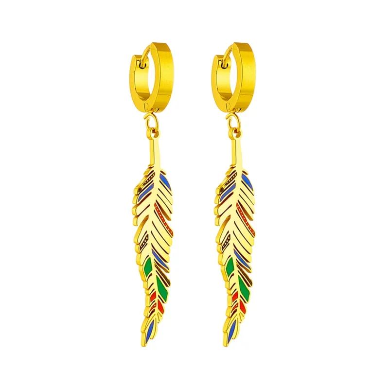 316L Stainless Steel Colour Feather Pendant Earrings For Women