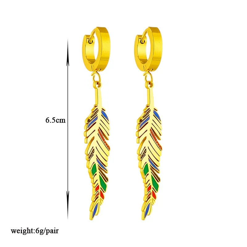 316L Stainless Steel Colour Feather Pendant Earrings For Women