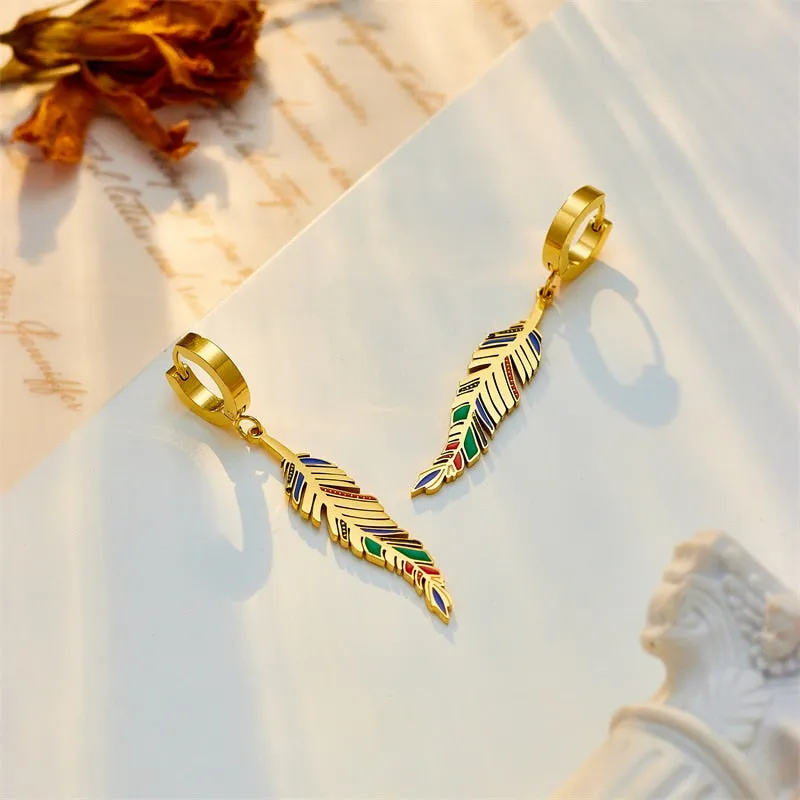 316L Stainless Steel Colour Feather Pendant Earrings For Women