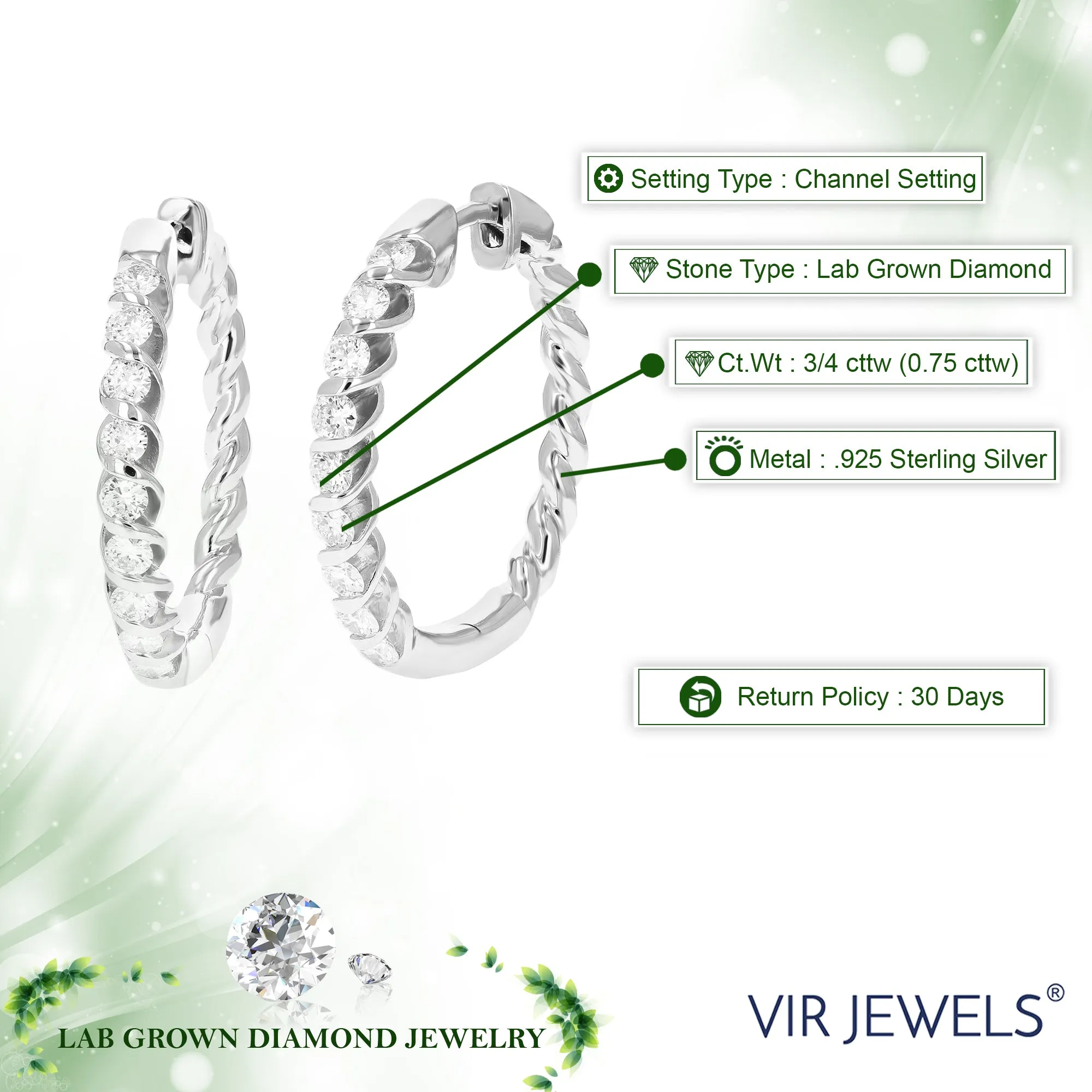 3/4 cttw Lab Grown Diamond Twisted Channel Hoop Earrings Silver