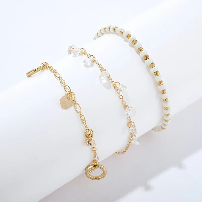 3pcs/sets Clear Crystal Stone Tassel Anklets for Women