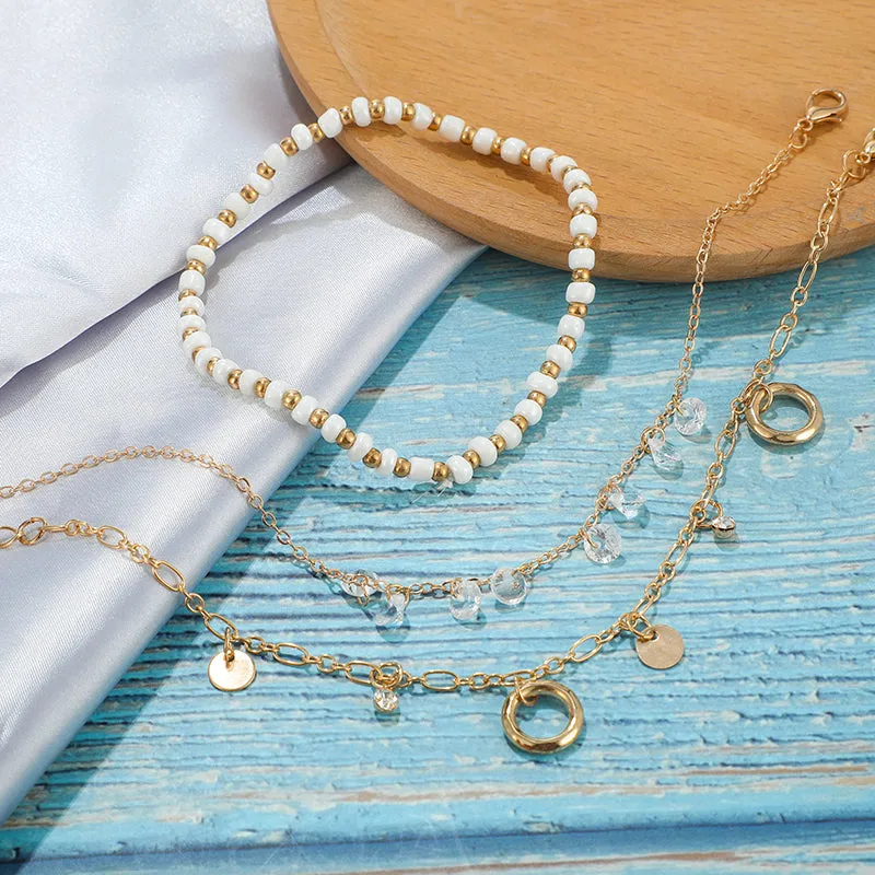 3pcs/sets Clear Crystal Stone Tassel Anklets for Women
