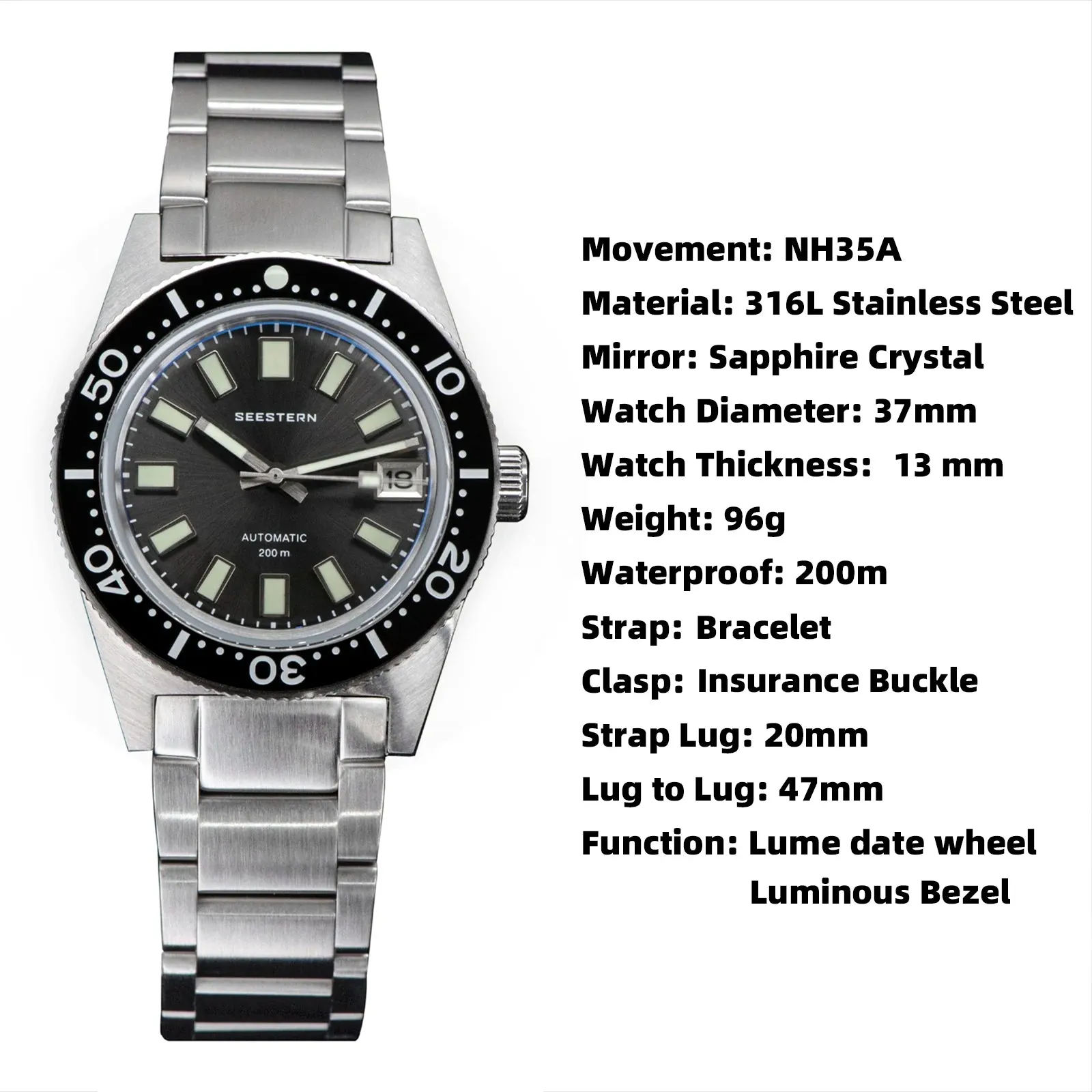 62MAS Diving Watch Men Automatic NH35 Movement Mechanical Wristwatch Luminous Sapphire Glass Bracelet with FKM Rubber