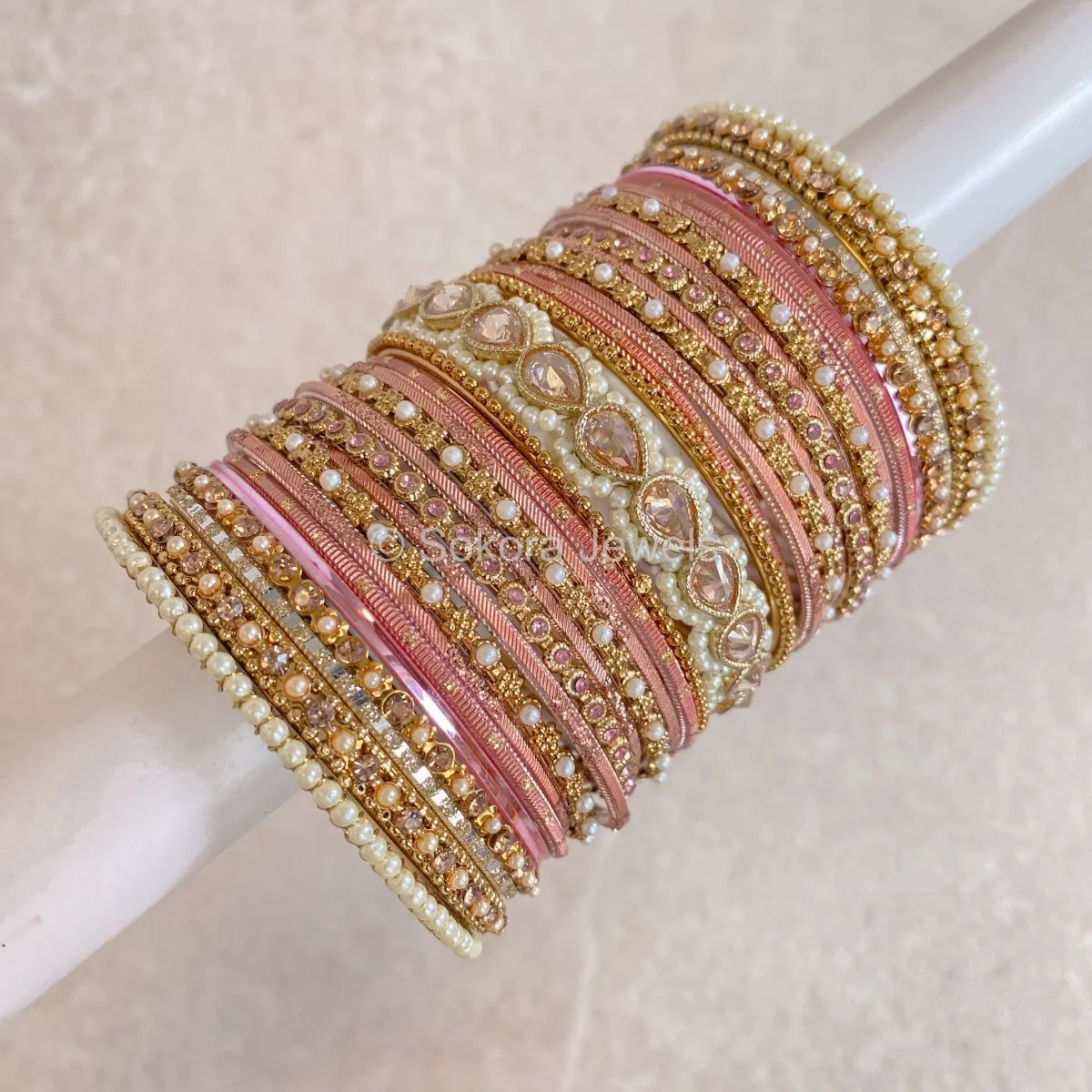 Aafiya Bridal Bangle Set - Pink/Champagne