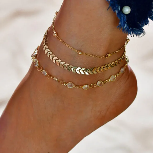 anklets with metal butterfly and rhinestone design