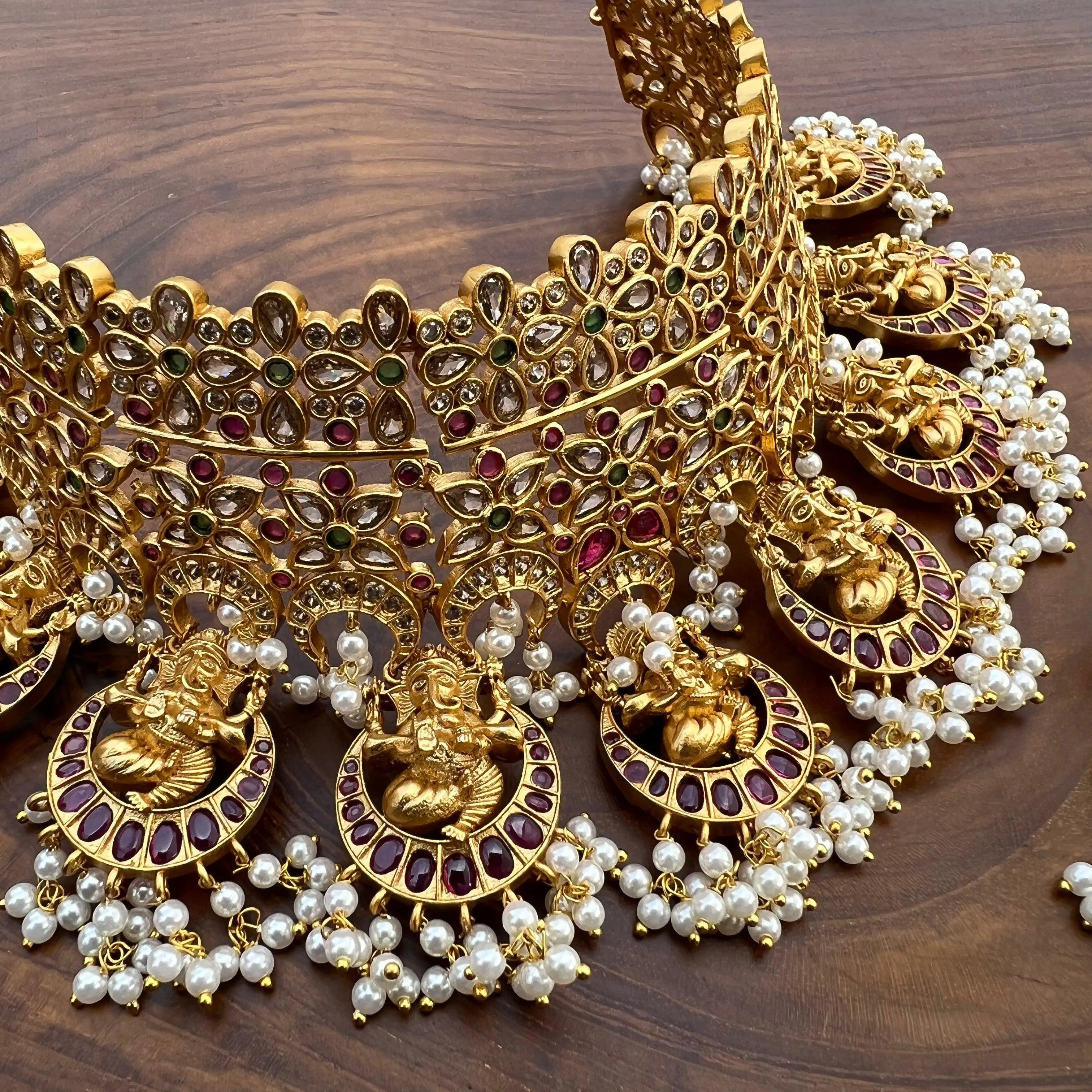 Antique Matte Ganesha Real Kemp Heavy Bridal CZ Choker Necklace Set