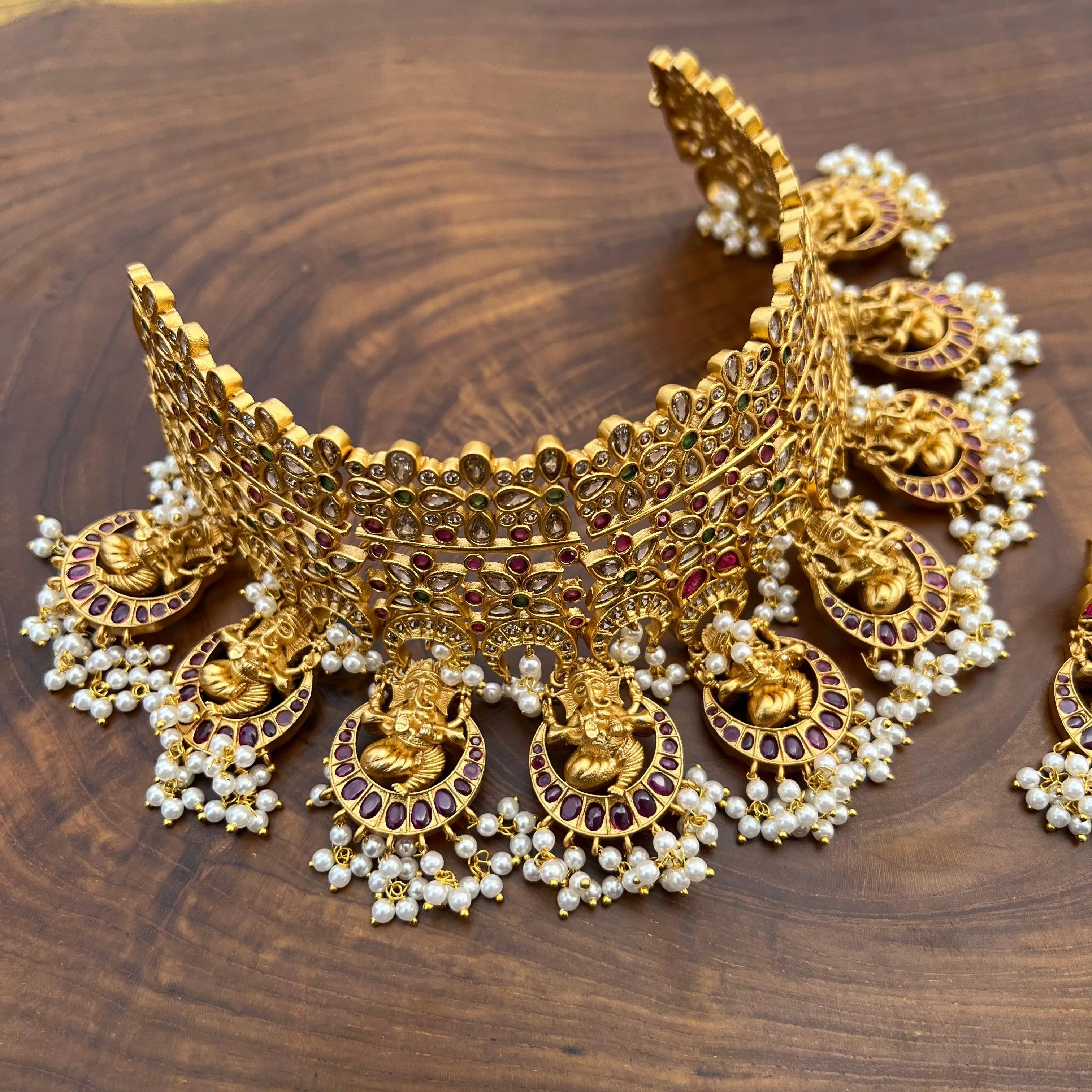 Antique Matte Ganesha Real Kemp Heavy Bridal CZ Choker Necklace Set