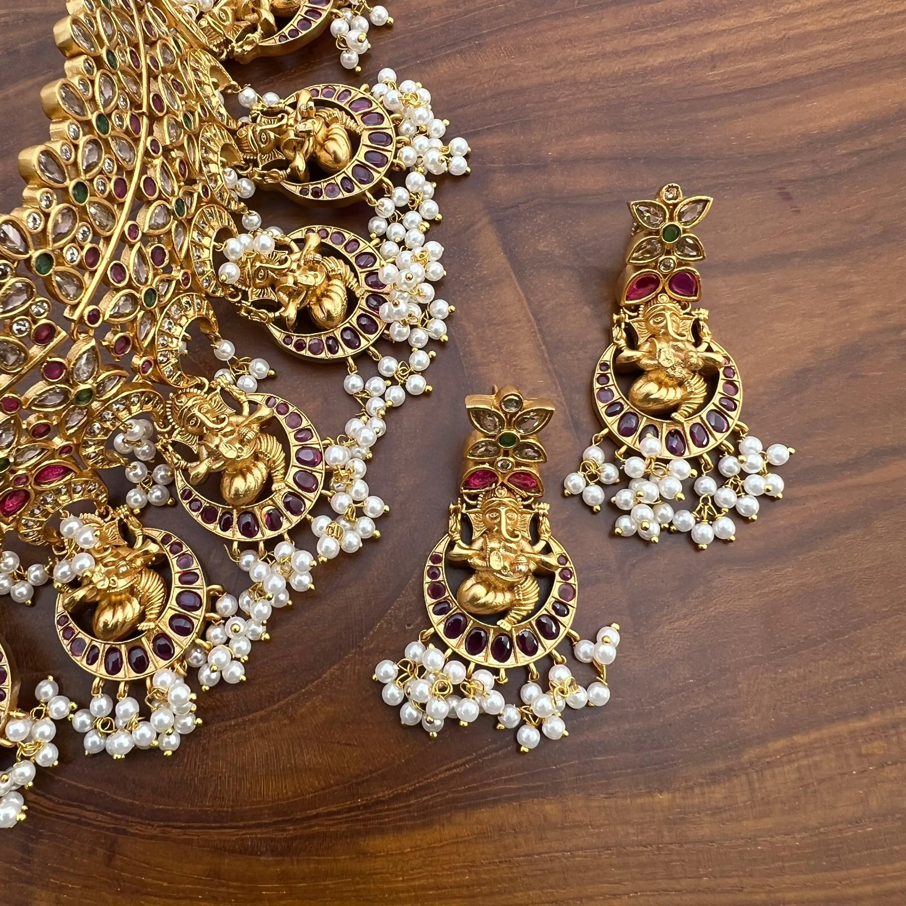 Antique Matte Ganesha Real Kemp Heavy Bridal CZ Choker Necklace Set