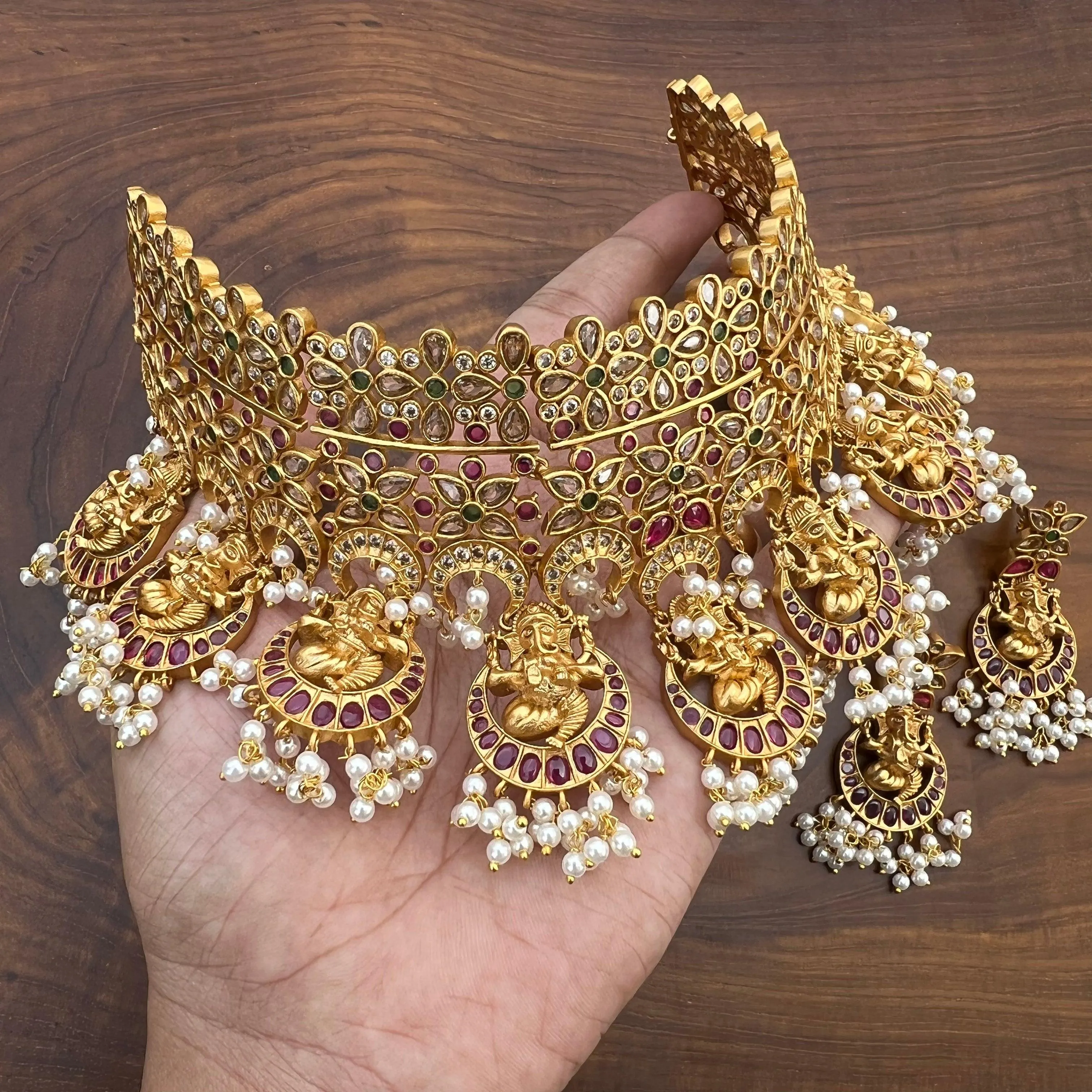 Antique Matte Ganesha Real Kemp Heavy Bridal CZ Choker Necklace Set