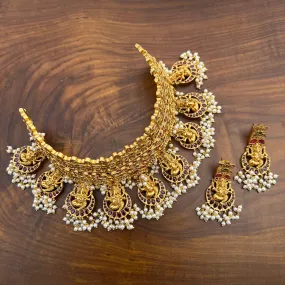 Antique Matte Ganesha Real Kemp Heavy Bridal CZ Choker Necklace Set