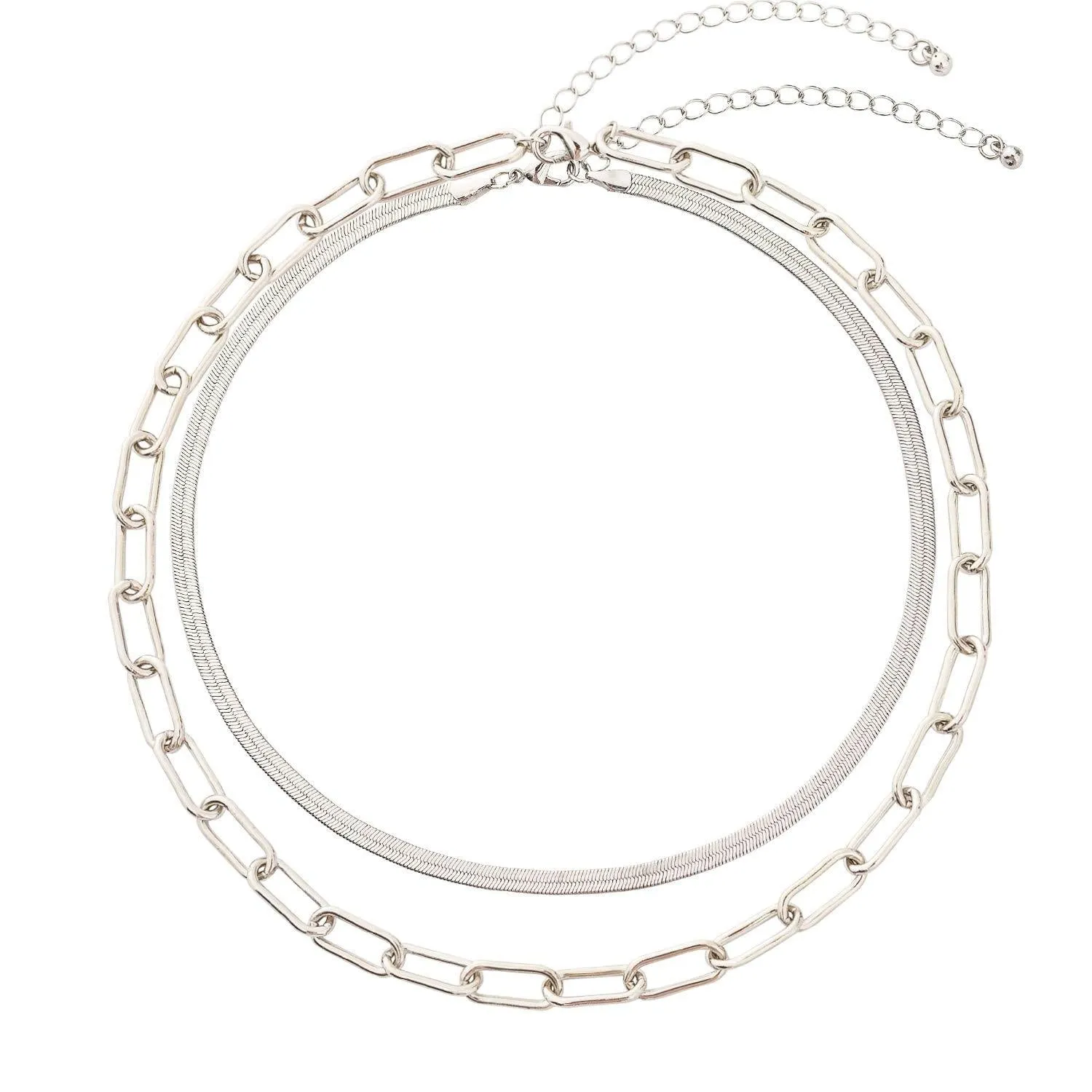 BaubleStar Link Layered Necklace Gold Layering Paperclip Chain Choker for Women 2 Layers Silver