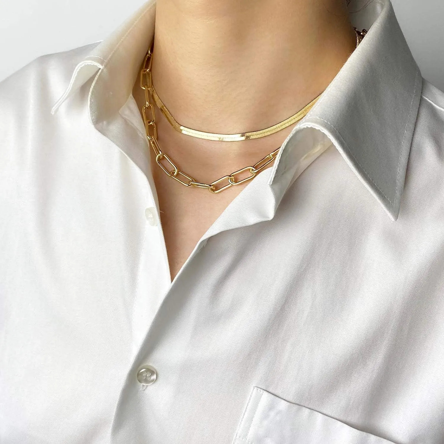 BaubleStar Link Layered Necklace Gold Layering Paperclip Chain Choker for Women 2 Layers Silver