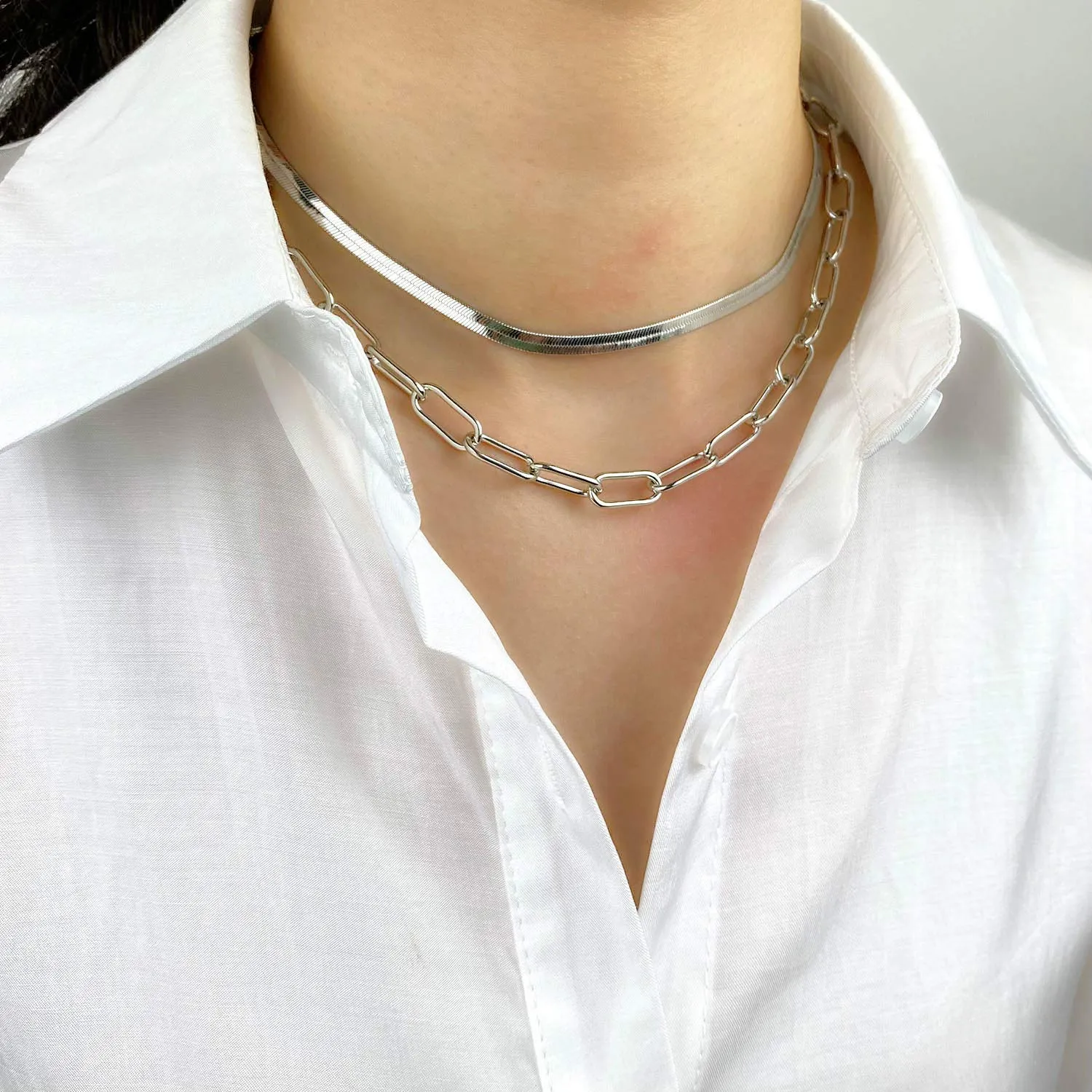 BaubleStar Link Layered Necklace Gold Layering Paperclip Chain Choker for Women 2 Layers Silver
