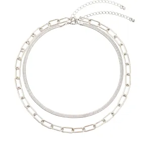 BaubleStar Link Layered Necklace Gold Layering Paperclip Chain Choker for Women 2 Layers Silver