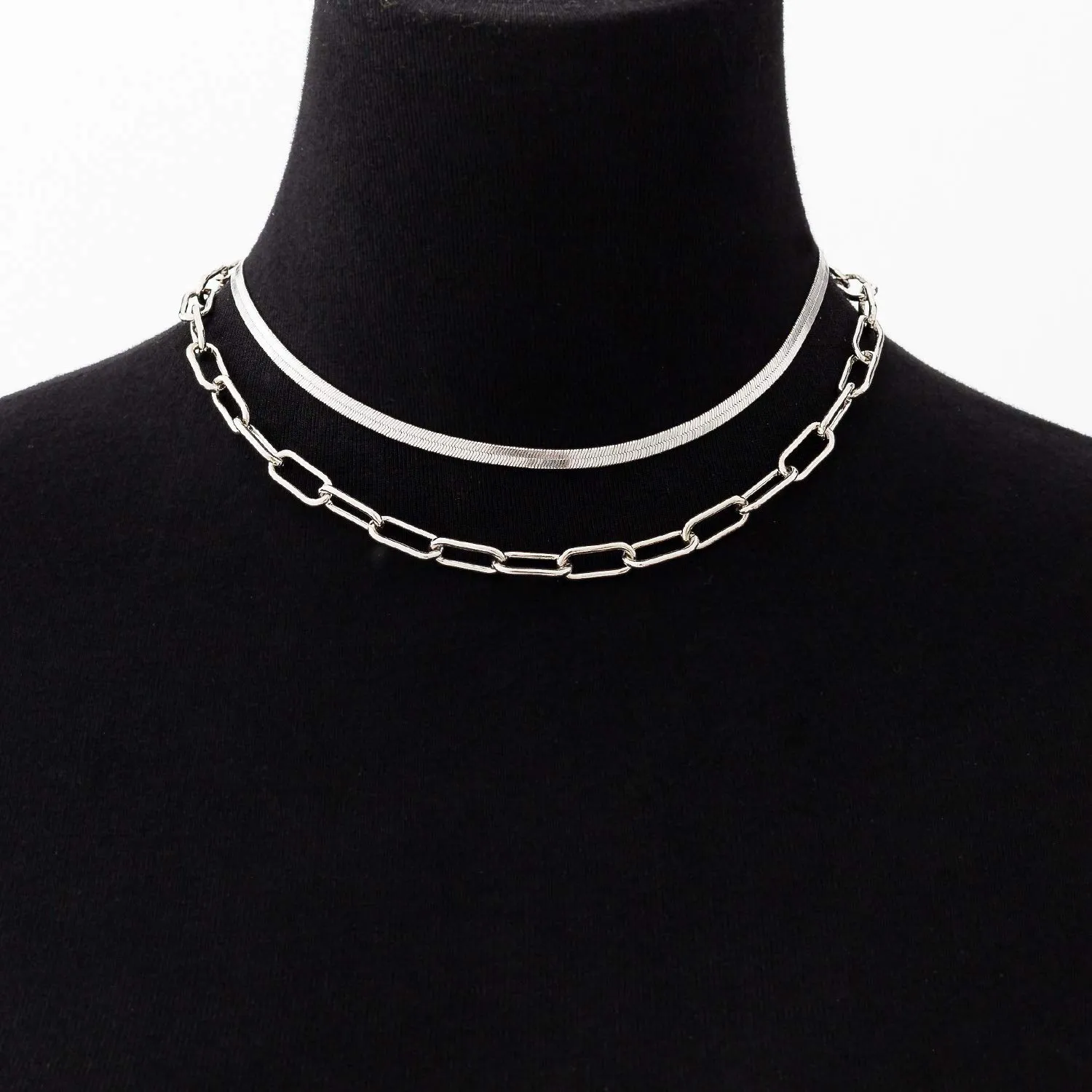 BaubleStar Link Layered Necklace Gold Layering Paperclip Chain Choker for Women 2 Layers Silver