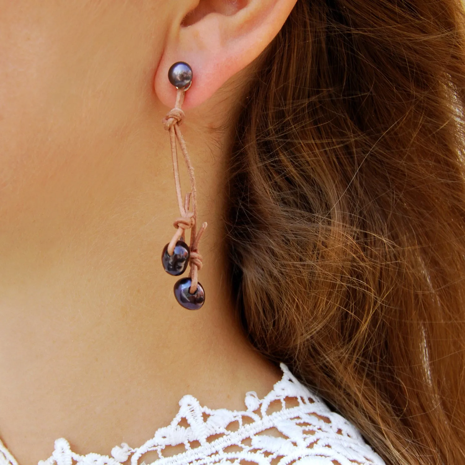 Black Freshwater Pearl & Tan 'Warrior' Earrings