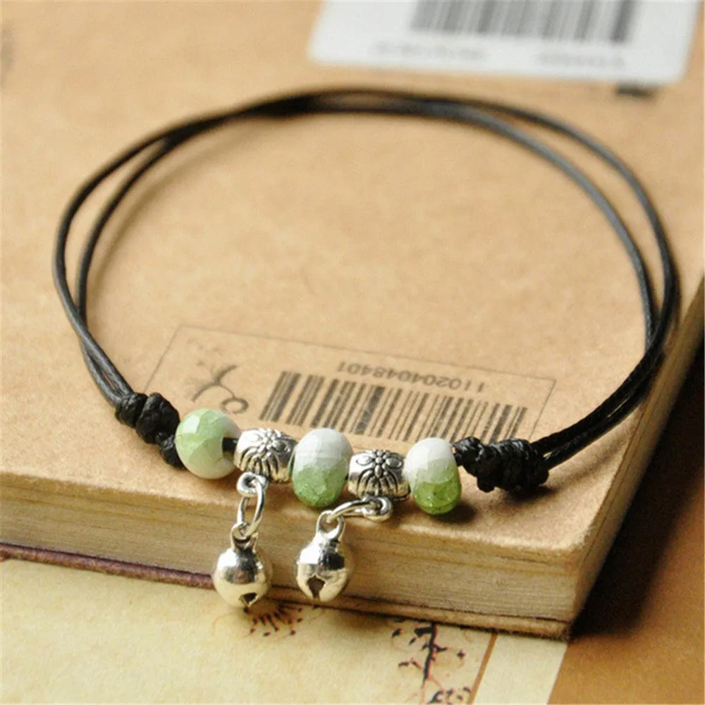 Blue Ceramic Brown Rope Anklet Women Girls Hand-Woven Beaded Anklets