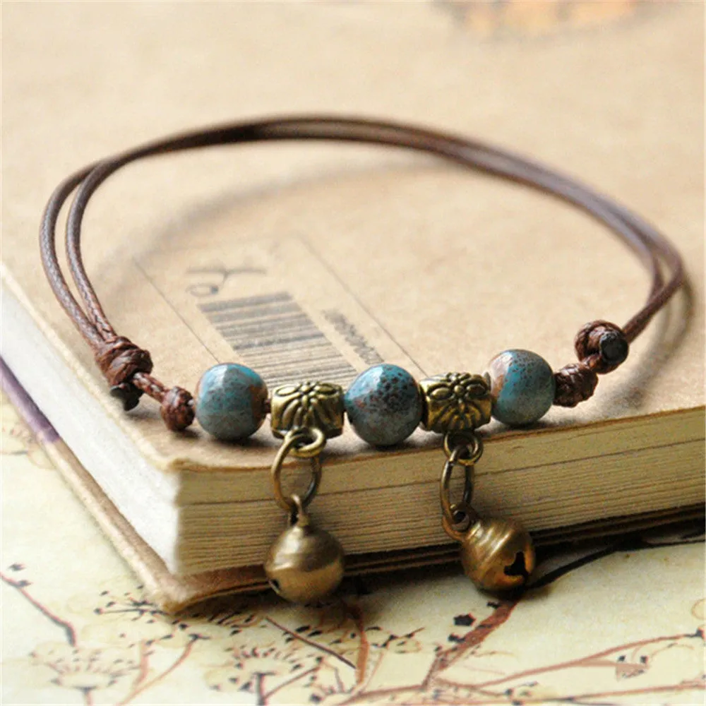Blue Ceramic Brown Rope Anklet Women Girls Hand-Woven Beaded Anklets