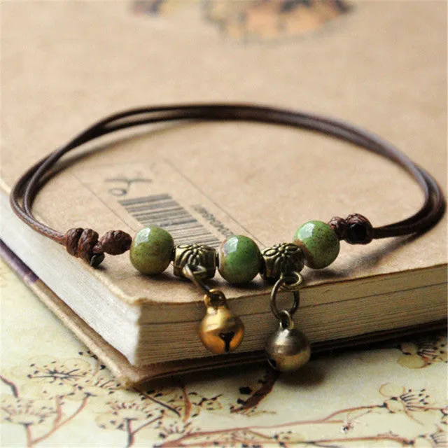 Blue Ceramic Brown Rope Anklet Women Girls Hand-Woven Beaded Anklets