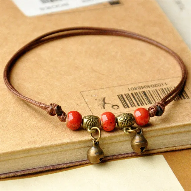 Blue Ceramic Brown Rope Anklet Women Girls Hand-Woven Beaded Anklets