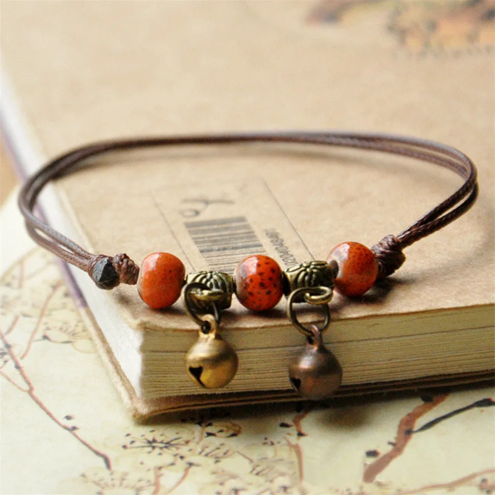 Blue Ceramic Brown Rope Anklet Women Girls Hand-Woven Beaded Anklets