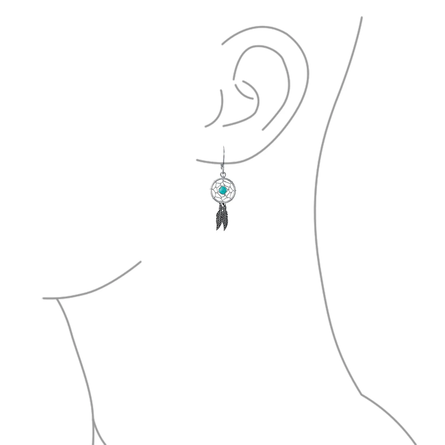Blue Turquoise Feather Dangle Gemstone Earrings Native American Style Sterling Silver