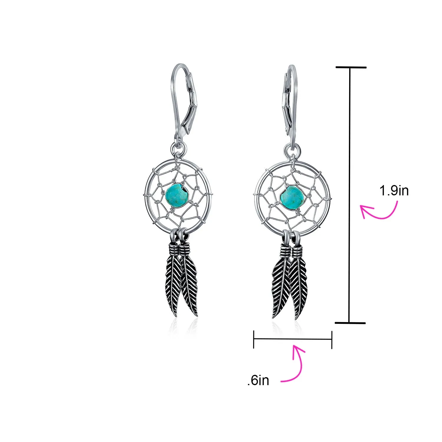 Blue Turquoise Feather Dangle Gemstone Earrings Native American Style Sterling Silver