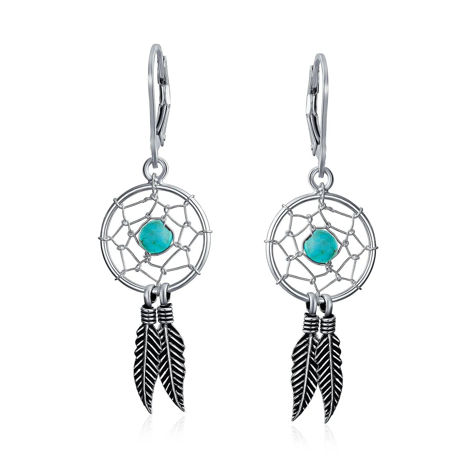 Blue Turquoise Feather Dangle Gemstone Earrings Native American Style Sterling Silver