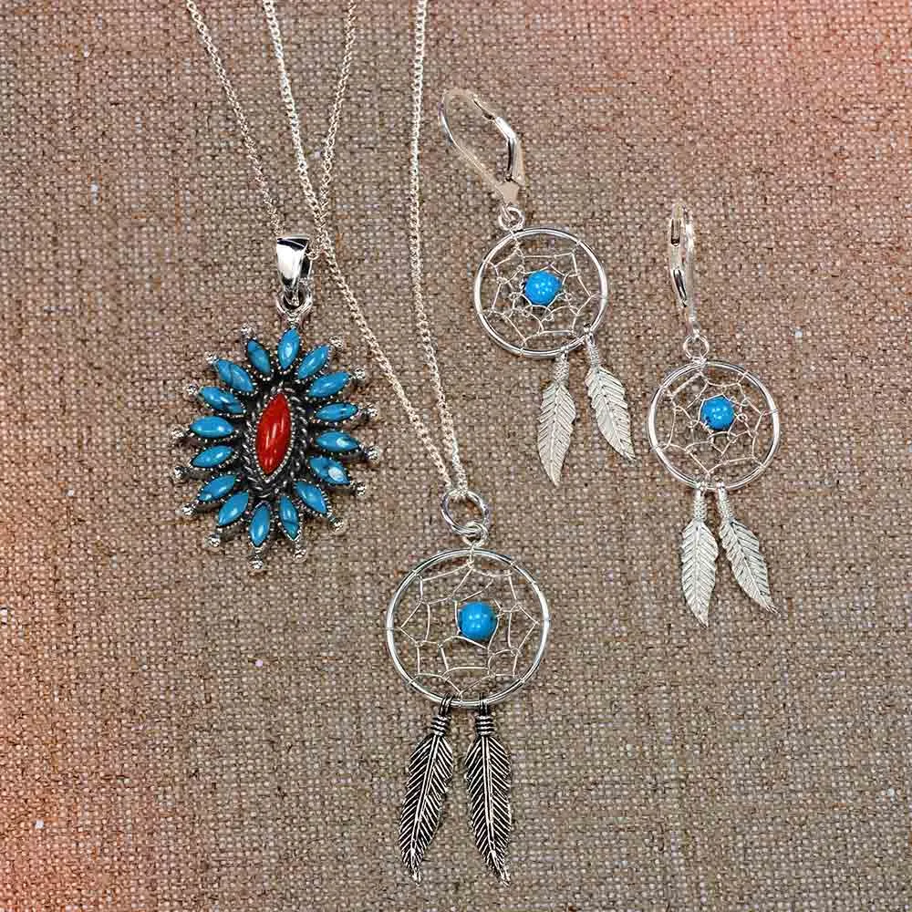 Blue Turquoise Feather Dangle Gemstone Earrings Native American Style Sterling Silver