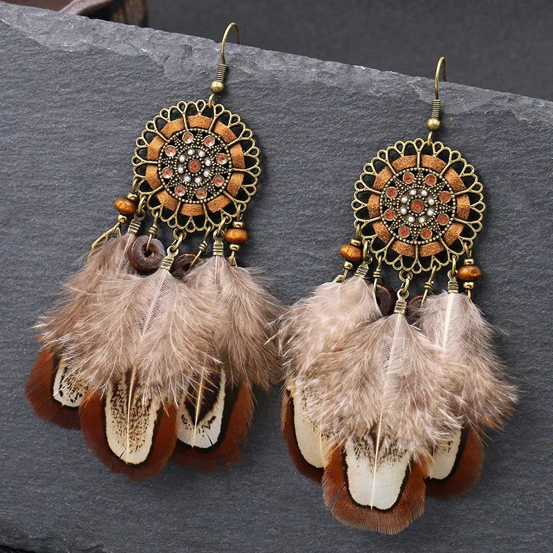 Bohemian Feather Tassel Dream Catcher Earrings