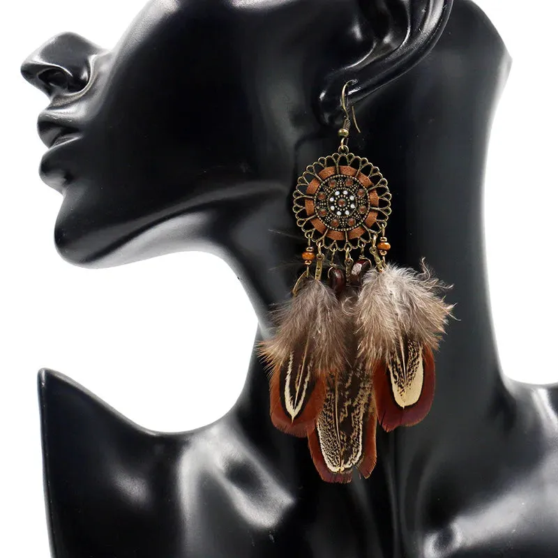 Bohemian Feather Tassel Dream Catcher Earrings