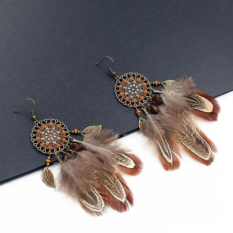 Bohemian Feather Tassel Dream Catcher Earrings