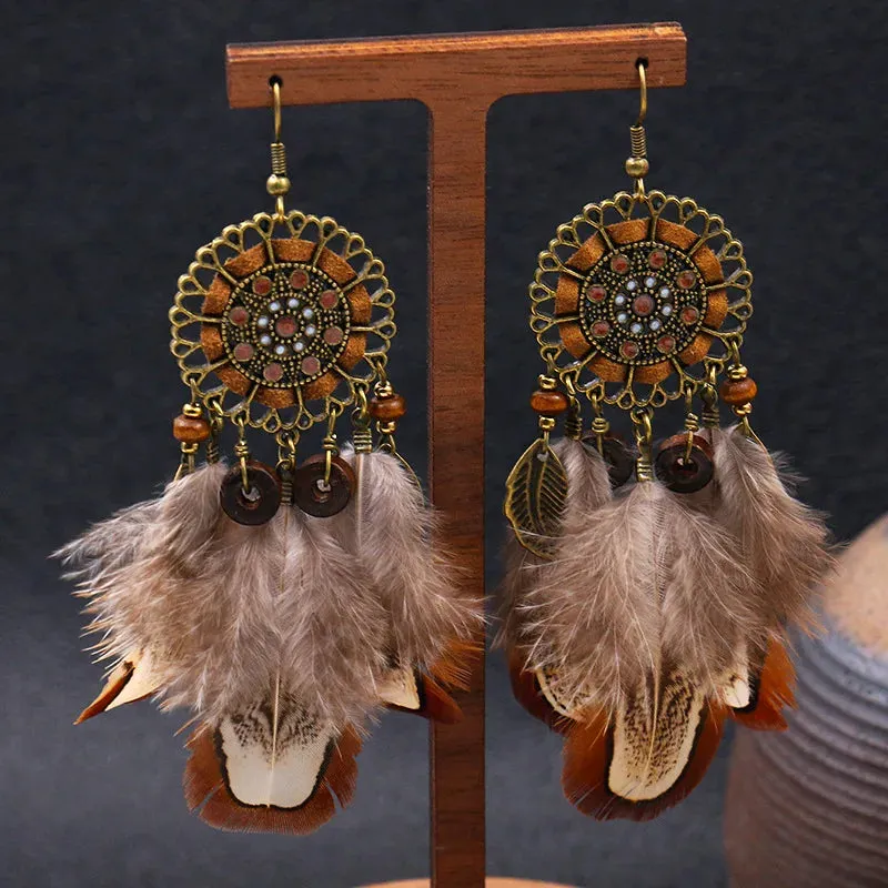 Bohemian Feather Tassel Dream Catcher Earrings
