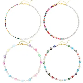 Bohemian Smiley Face Necklace Colorful Pearl Beaded Choker for Women Handmade Irregular Faux Necklaces with Charm 4 face choker necklace
