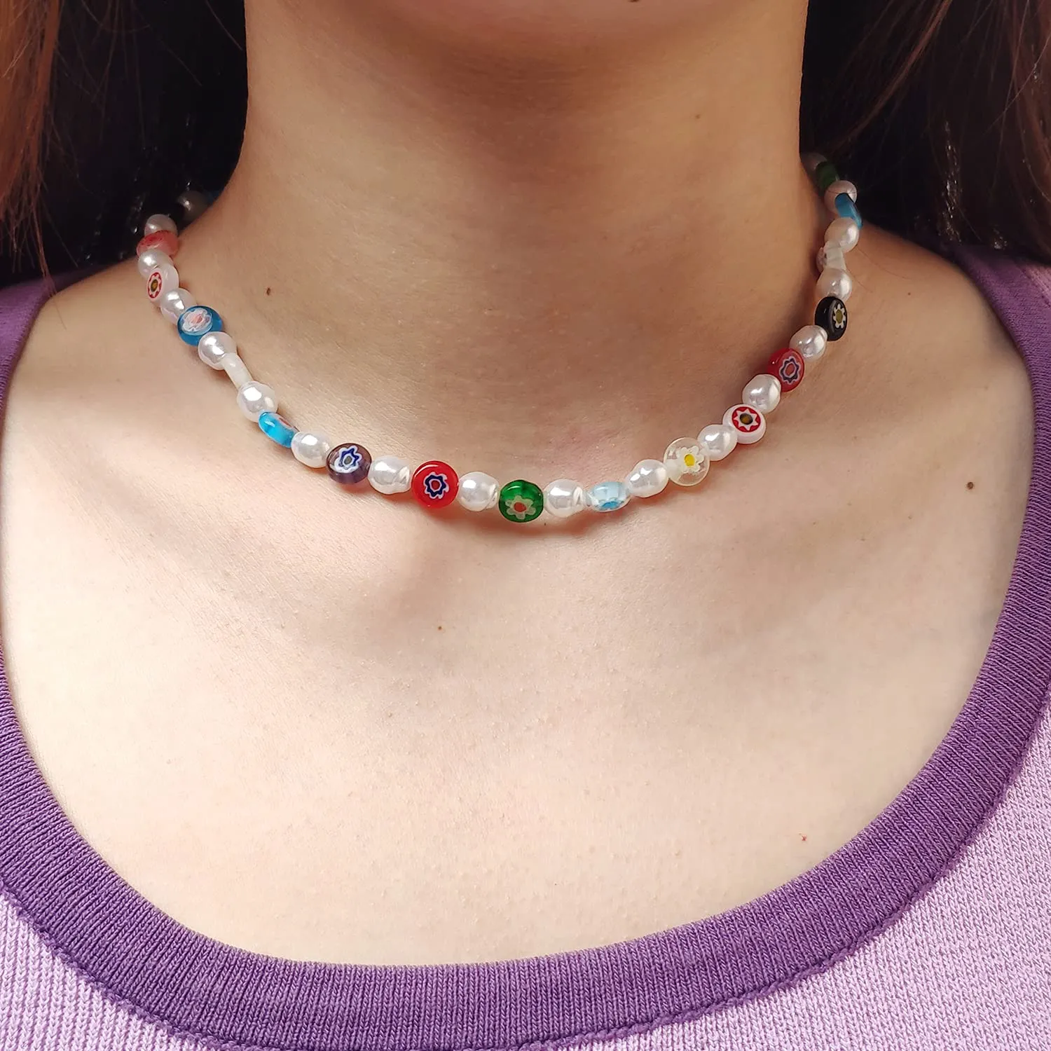 Bohemian Smiley Face Necklace Colorful Pearl Beaded Choker for Women Handmade Irregular Faux Necklaces with Charm 4 face choker necklace